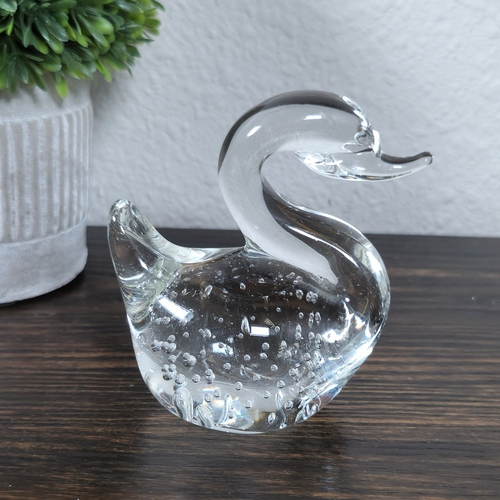 Clear Glass Swan Figurine Paperweight Bubbles‎ Elegant Home Decor Accent